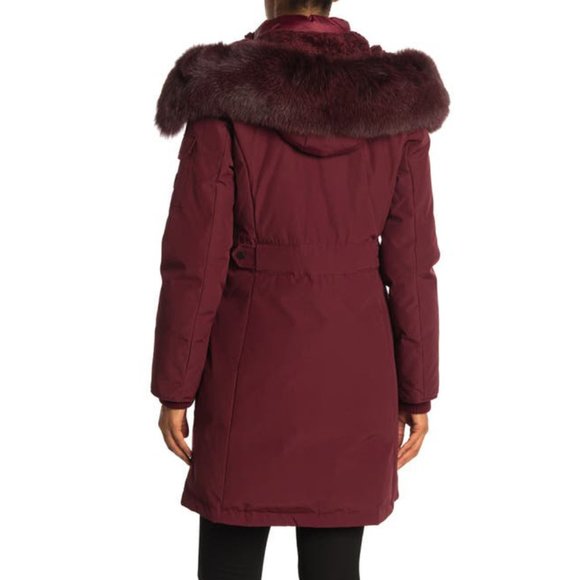 NEW 1MADISON Women Parka Burgundy Genuine Fox Fur Trim Mid Length Down Jacket - Picture 4 of 6